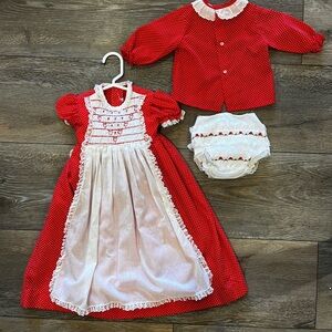 VTG Nannekins By Nannette Red Polka Dot Prairie Dress Sweater Bloomer Set Lace